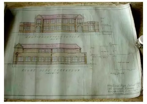 Original 1929 Hand Colored Architectural Drawings Grinnell KS High School
